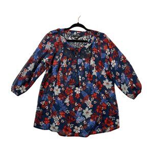 Zac & Rachel Sheer Navy Floral Tie Front Blouse Tassel Lace Med